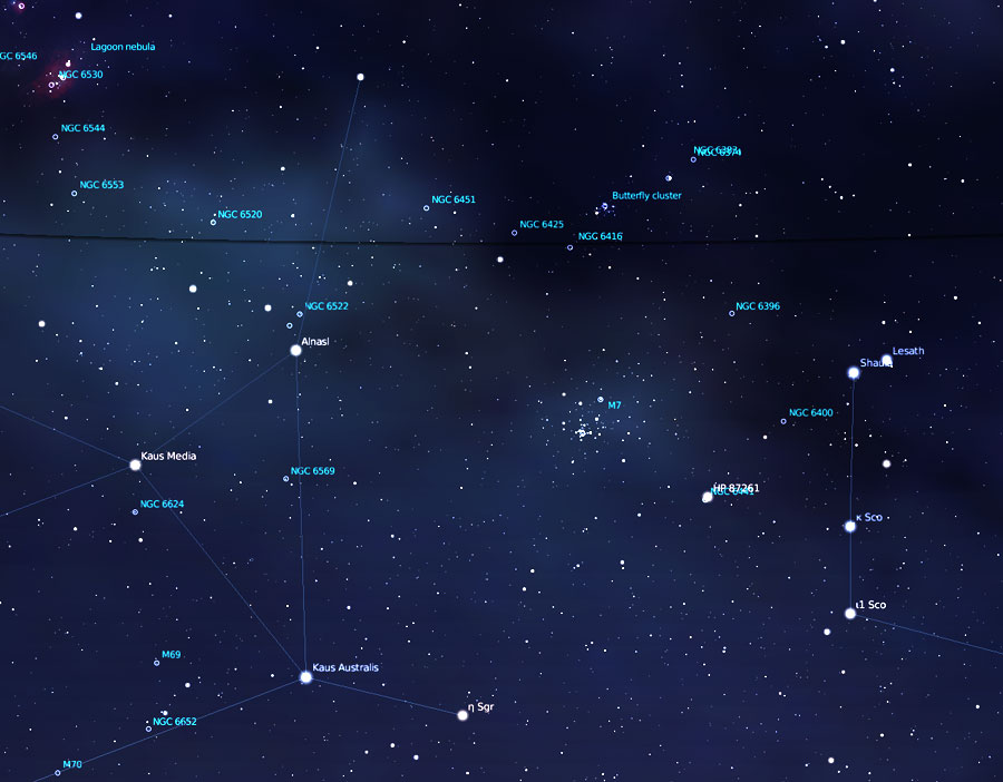 Aufsuchkarte für M 6 und M 7 (erstellt mit Stellarium)