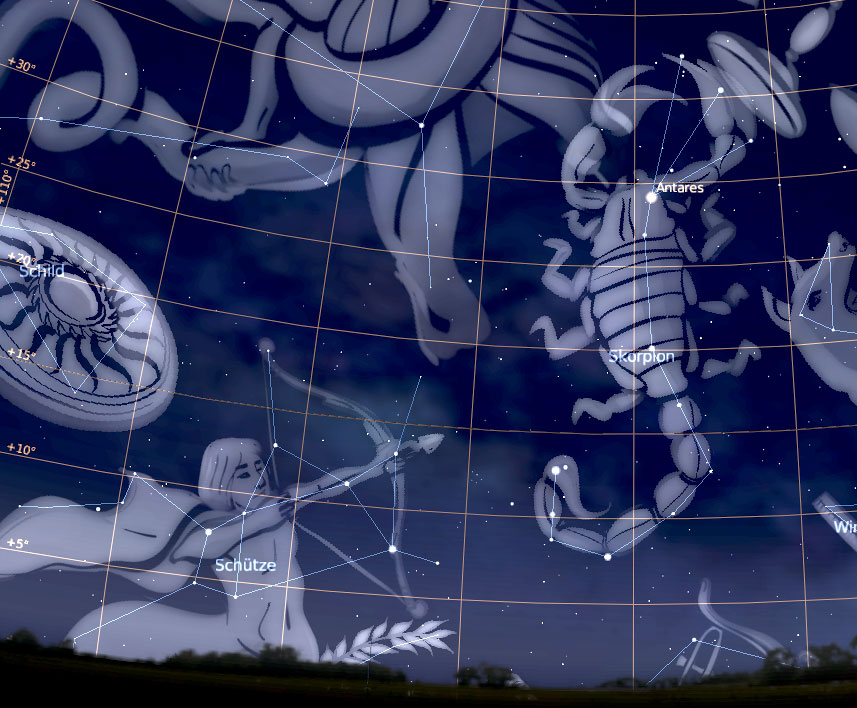 Der Skorpion am 01. Juli um 23:00 MESZ am Himmel über den Kanarischen Inseln (erstellt mit Stellarium)
