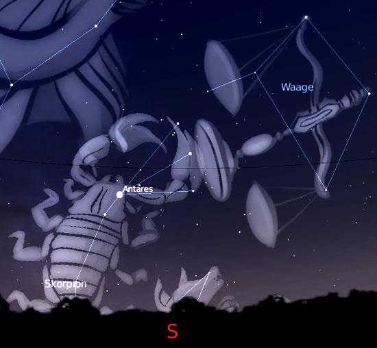 Sternbilder Skorpion und Waage (erstellt mit Stellarium)