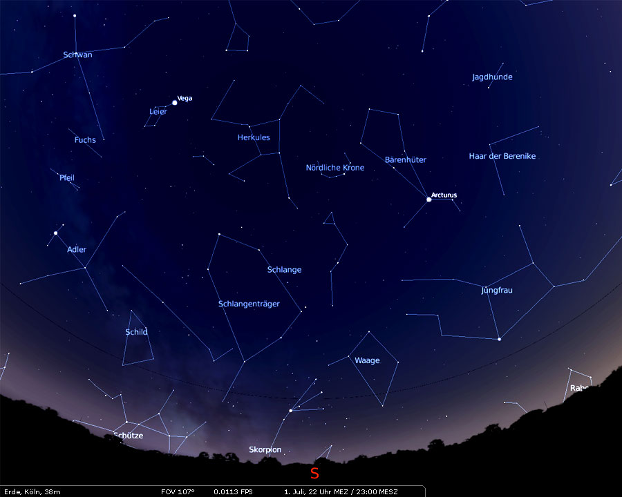 Schütze, Skorpion und Waage über dem Horizont (erstellt mit Stellarium)