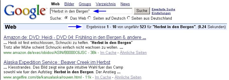 Suchanfrage "Herbst in den Bergen" bei Google