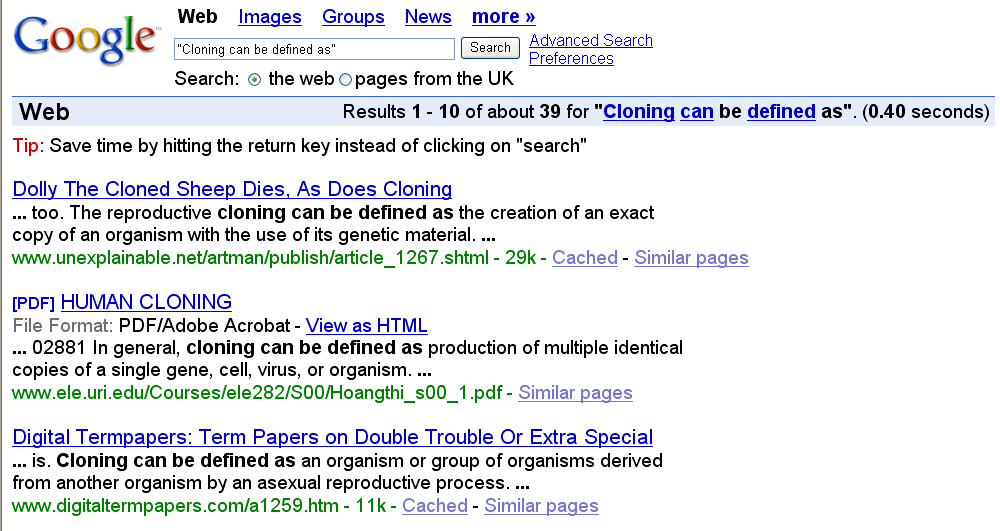 Das Google-Suchfeld, darin der Halbsatz "Cloning can be defined as"