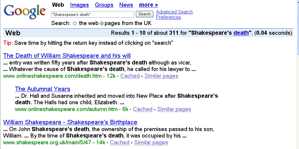 Das Google-Suchfeld, darin der String "Shakespeare's death"