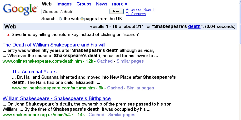 Das Google-Suchfeld, darin der String "Shakespeare's death"