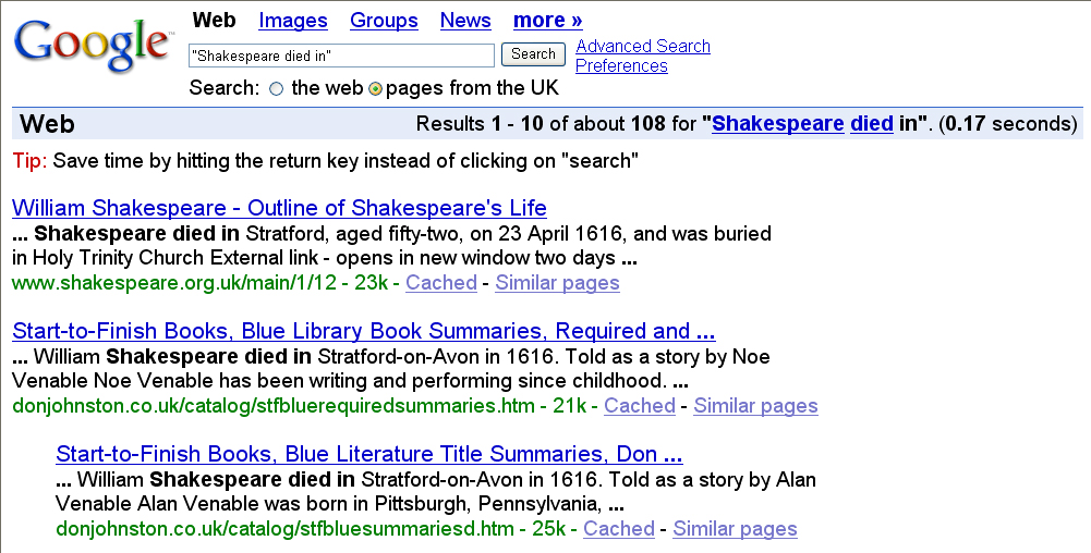 Das Google-Suchfeld, darin der Halbsatz "Shakespeare died in"