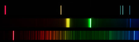 Spektren: Helium (oben), Quecksilber (Mitte), Balmer-Spektrum (unten)