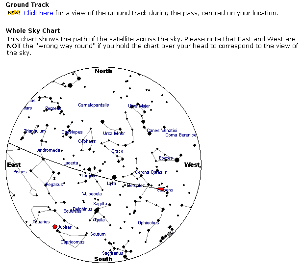 Screenshot aus "Heavens Above": Himmelskarte mit ISS-Flugbahn