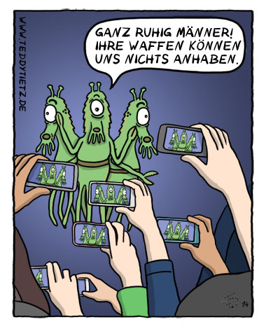 Cartonn der Woche_Aliens.jpg Leute fotografieren verängstigte Aliens mit ihren Smartphones