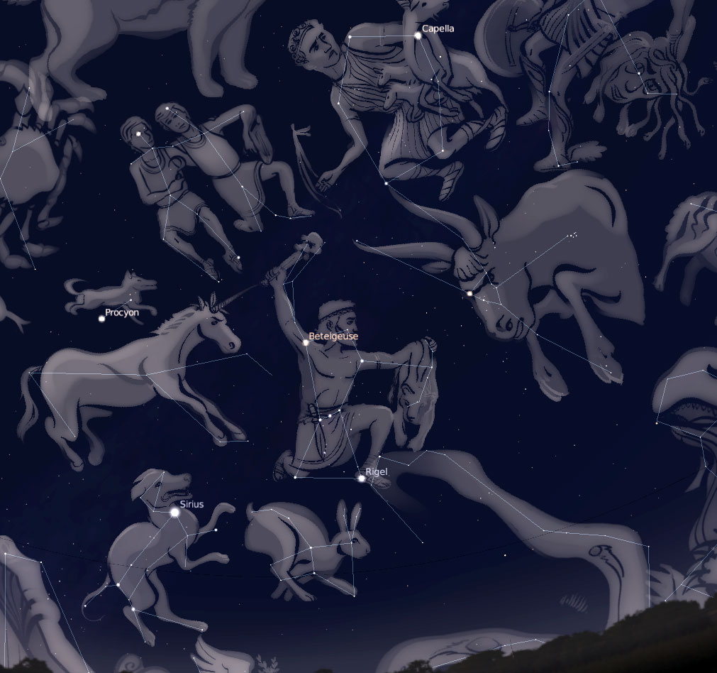 Figürliche Darstellungen des Sternbild-Ensembles mit Orion, Stier und Zwillingen (erstellt mit Stellarium)