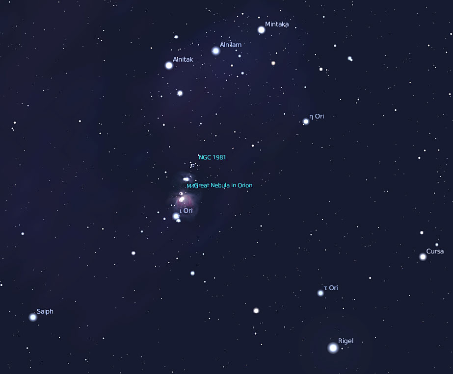 Aufsuchkarte für den Orionnebel (erstellt mit Stellarium)
