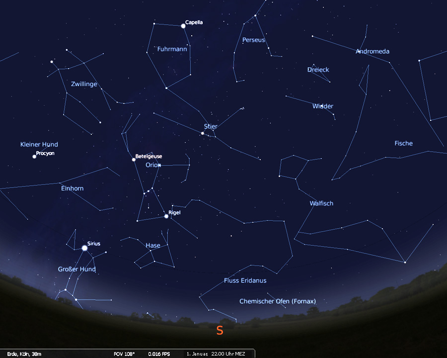 Sternkarte mit Orion, Stier, Widder und Walfisch