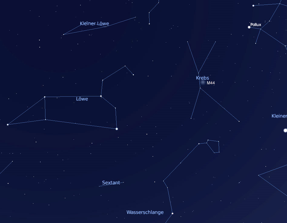 Position des Sternhaufens Praesepe (erstellt mit Stellarium)