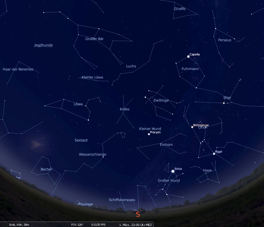 Der Abendhimmel am 1. März um 22:00 Uhr, Blickrichtung Süden (erstellt mit Stellarium)