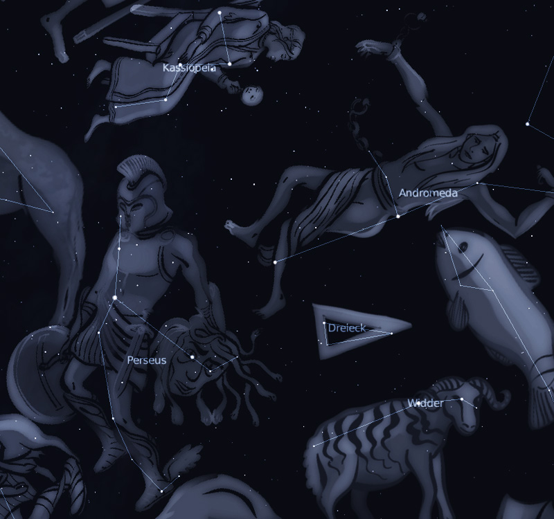 Figürliche Darstellung der Sternbildgruppe Andromeda, Kassiopeia und Perseus, erstellt mit Stellarium