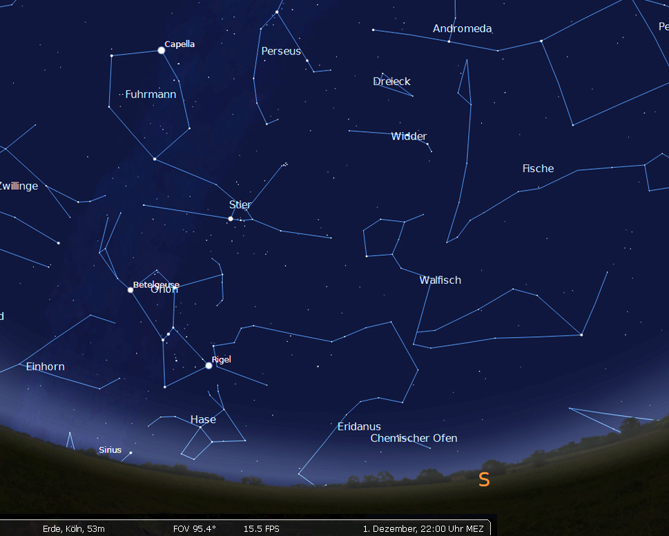 Orion, Stier, Widder und Fische (erstellt mit Stellarium)