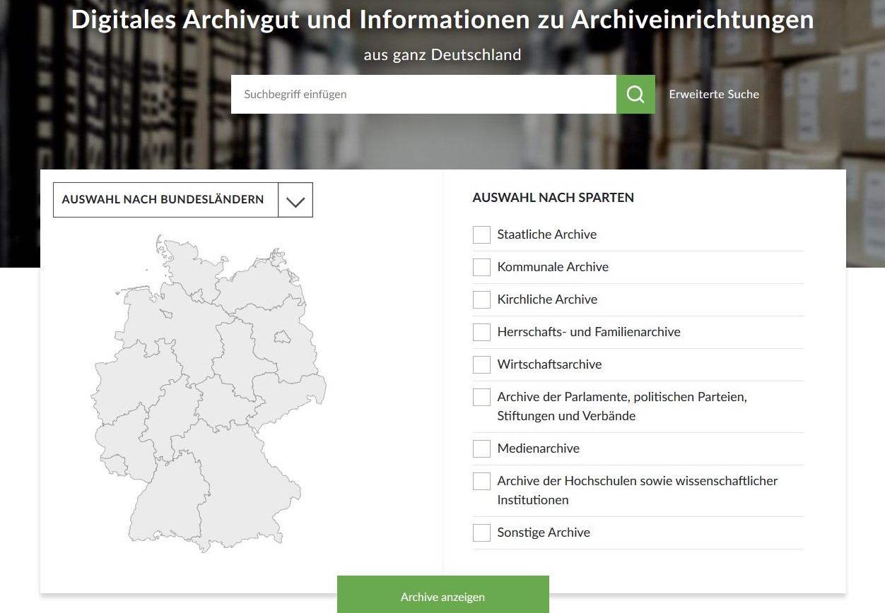 Screenshot der Startseite des Archivportal-D