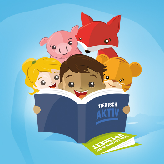 PETA Kids: Kinder und Tiere lesen in einem Buch namens "Tierisch aktiv"