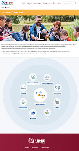 Ein Ausschnitt der Webseite "Energie macht Schule"; zu sehen ist die Themenübersicht