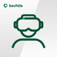 Microsite Bechtle: Schule und Digitalisierung – das perfekte Zusammenspiel Illustration einer Person mit Virtual-Reality-Brille und Bechtle-Logo oben links