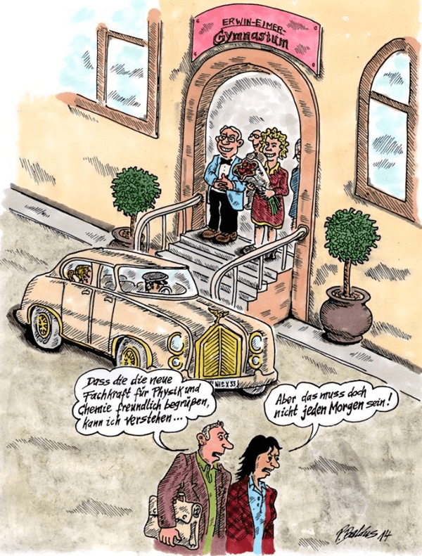 Cartoon der Woche: freundlich begrüßen Die neue Fachkraft für Chemie und Physik wird morgens immer freundlich begrüßt.