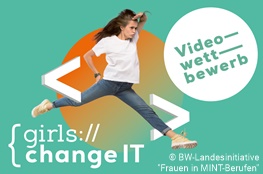 Mädchen springt über Schriftzug "Girls change IT"