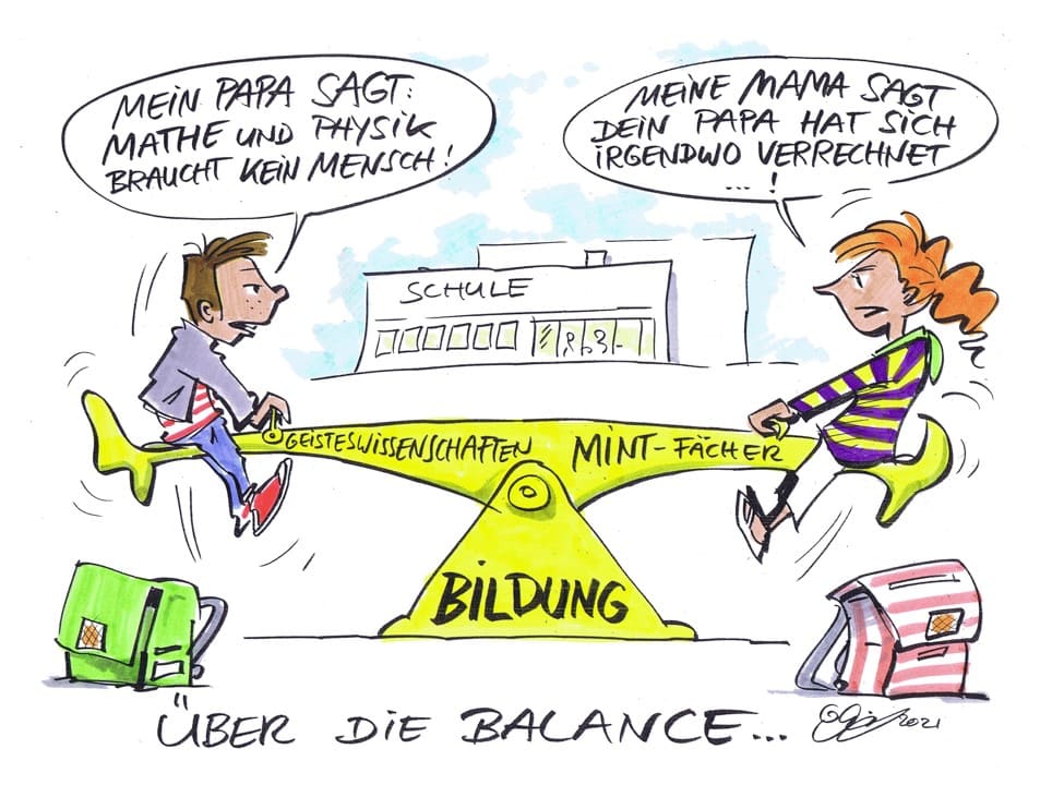 Über die Balance ... Zwei Kinder auf einer Wippe, im Hintergrund eine Schule. Unter dem Drehpunkt der Wippe das Wort "Bildung". Das Mädchen auf dem Balken der MINT-Fächer, der Junge auf dem der Geisteswissenschaften. Er sagt: "Mein Papa sagt: Mathe und Physik braucht kein Mensch." - Sie sagt: "Meine Mama sagt: Dein Papa hat sich irgendwo verrechnet."