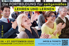 mobile.schule Fröhliche Menschen klatschen, darüber die Überschrift "Die Fortbildung für zeitgemäßes Lehren und Lernen"