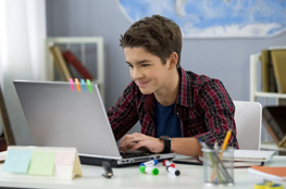 Energie macht Schule mit neuen, interaktiven Lernbausteinen Jugendlicher sitzt vorm Laptop
