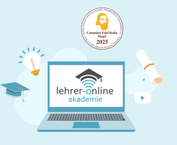 Lehrer-Online Akademie Logo auf einem Laptop mit Comenius Siegel