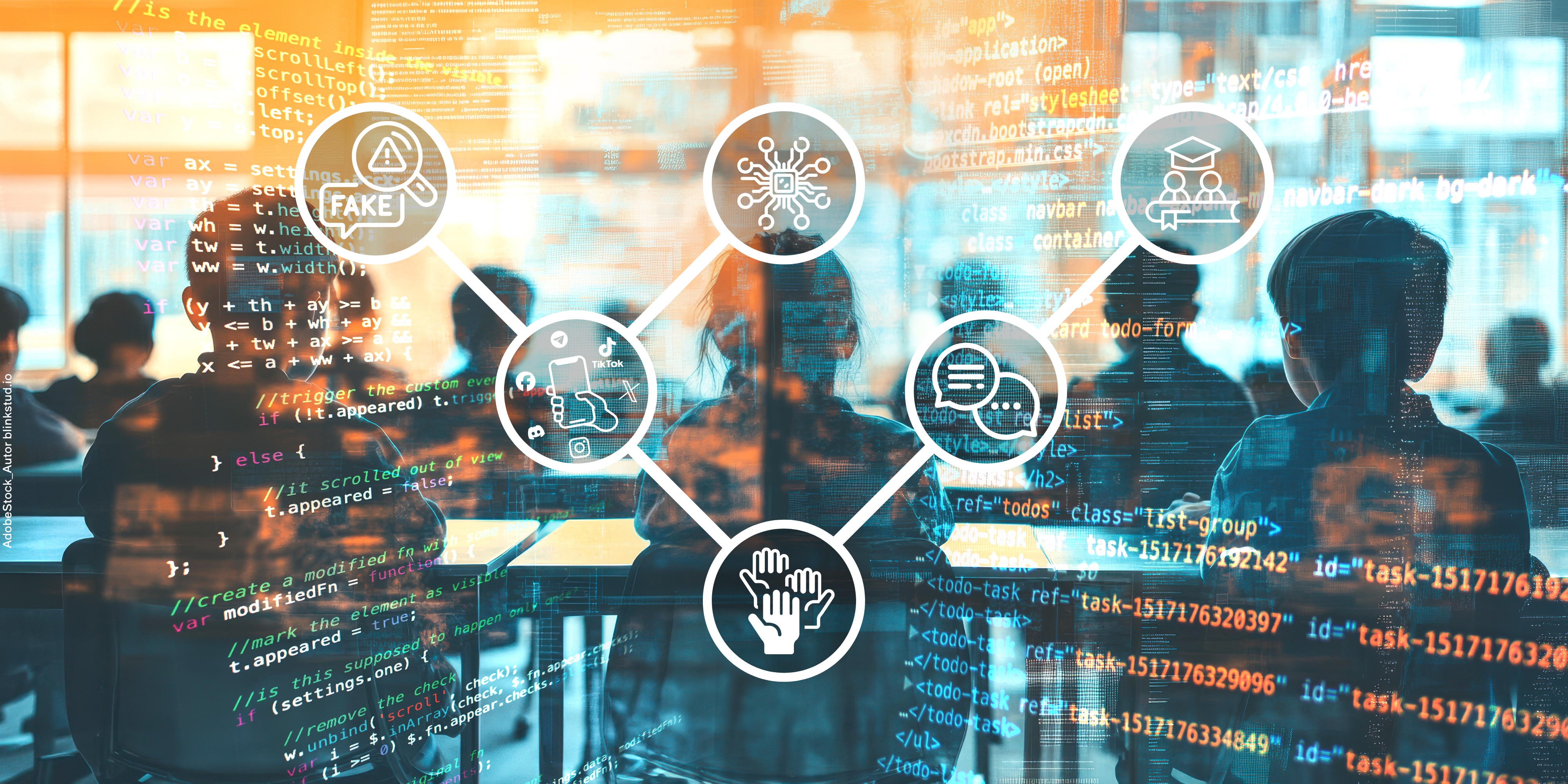 Jugendliche an Tischen. Transparent im Vordergrund befindet sich ein Quellcode.