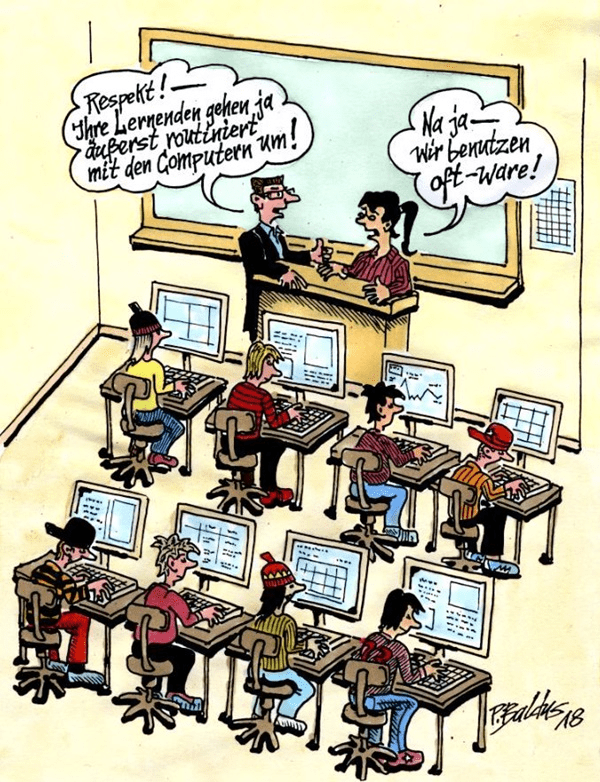 Cartoon der Woche: routiniert Schulklasse sitzt im Unterricht vor Computern