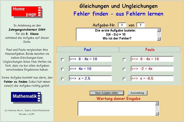 Screenshot aus dem Online-Arbeitsblatt zum Thema "Fehler finden - aus Fehlern lernen"