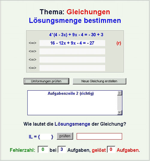 Screenshot aus dem Online-Arbeitsblatt zum Thema "Gleichungen - Lösungsmenge bestimmen"