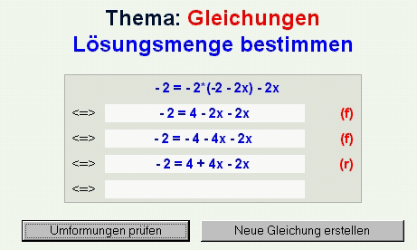 Screenshot aus dem Online-Arbeitsblatt zum Thema "Gleichungen - Lösungsmenge bestimmen"