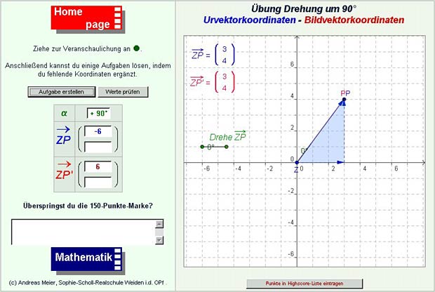 Screenshot des dynamischen Arbeitsblatts zur Drehung von Vektoren um 90 Grad