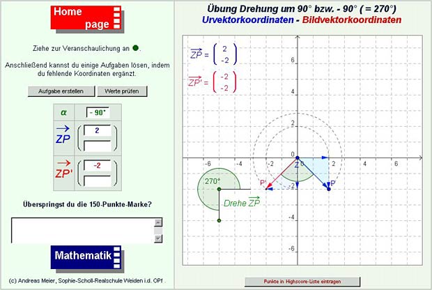 Screenshot des dynamischen Arbeitsblatts zur Drehung von Vektoren um 90 Grad