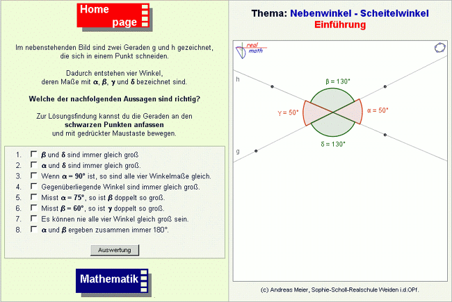 Screenshot: Online-Arbeitsblatt zur Erarbeitung der Zusammenhänge von Neben- und Scheitelwinkeln an sich schneidenden Geraden (realmath.de)