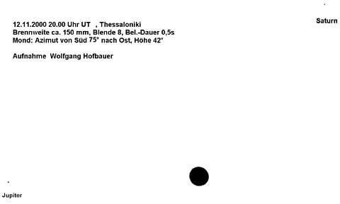 Mit einem Bildbearbeitungsprogramm bearbeitetes Bild des Mondes mit den Planeten Jupiter und Saturn