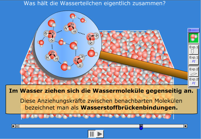 Screenshot aus der Flash-Animation von Ralf-Peter Schmitz (www.chemie-interaktiv.net) zur Oberflächenspannung von Wasser