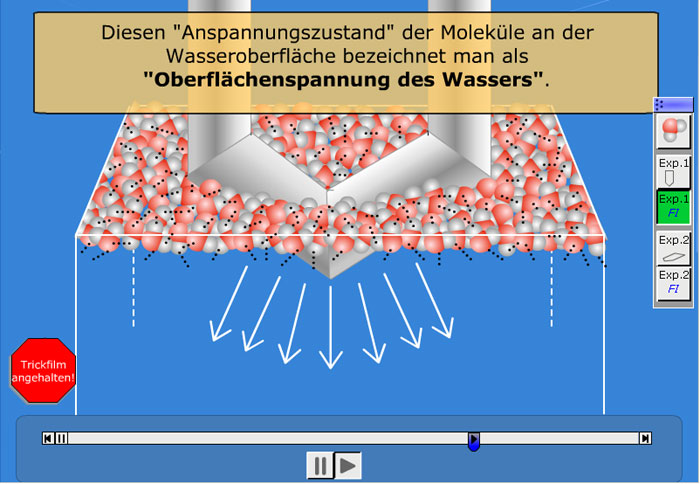 Screenshot aus der Flash-Animation von Ralf-Peter Schmitz (www.chemie-interaktiv.net) zur Oberflächenspannung von Wasser