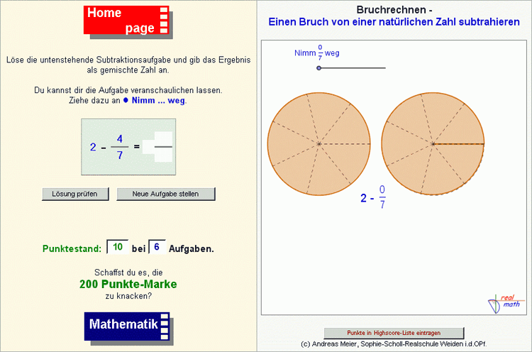 Screenshot eines dynamischen Arbeitsblattes zum Thema "Subtraktion gemischter Zahlen" von der realmath.de-Website