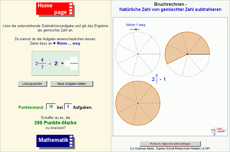 Screenshot eines dynamischen Arbeitsblattes zum Thema "Subtraktion gemischter Zahlen" von der realmath.de-Website