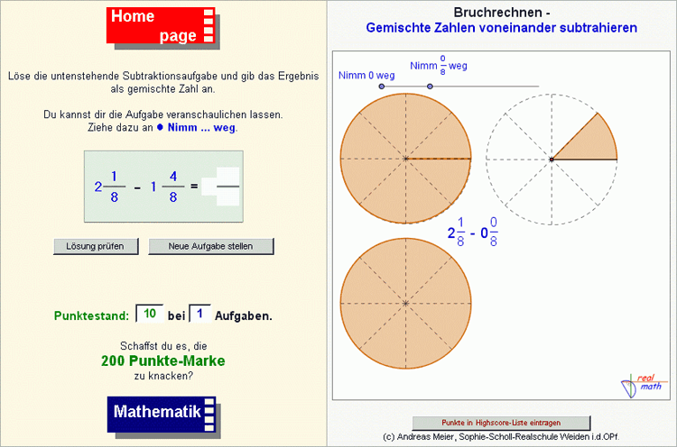 Screenshot eines dynamischen Arbeitsblattes zum Thema "Subtraktion gemischter Zahlen" von der realmath.de-Website