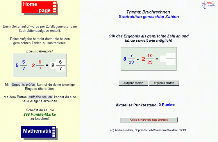 Screenshot eines dynamischen Arbeitsblattes zum Thema "Subtraktion gemischter Zahlen" von der realmath.de-Website