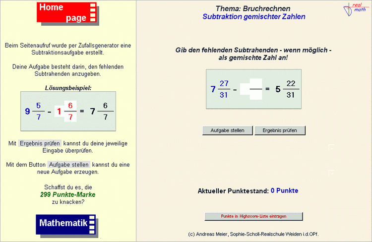 Screenshot eines dynamischen Arbeitsblattes zum Thema "Subtraktion gemischter Zahlen" von der realmath.de-Website