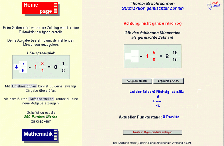 Screenshot eines dynamischen Arbeitsblattes zum Thema "Subtraktion gemischter Zahlen" von der realmath.de-Website