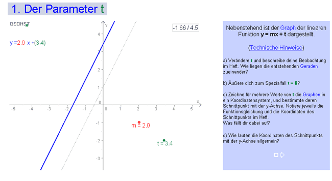 Screenshot des Arbeitsblattes zum Parameter t mit Aufgabenstellung und GEONExT-Applet