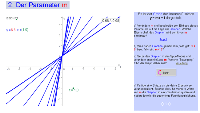 Screenshot des Arbeitsblattes zum Parameter m mit Aufgabenstellung und GEONExT-Applet