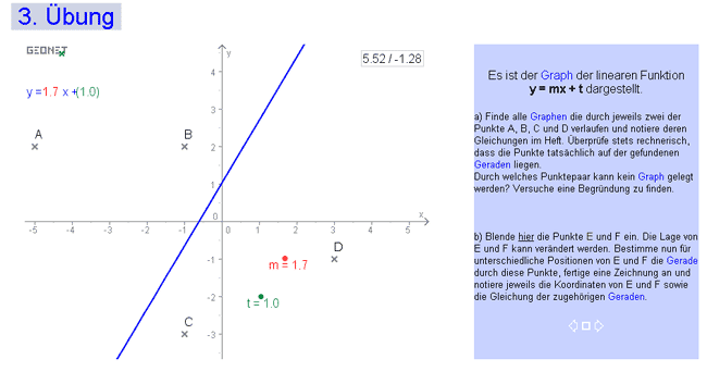 Screenshot des Übungs-Arbeitsblattes mit Aufgabenstellung und GEONExT-Applet