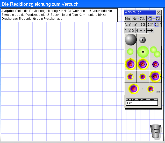 Screenshot der leeren Arbeitfläche mit Zeichen- und Symbolpalette (chemische Buchstabensymbole, Lewis-Schreibweise, Kugelsymbole, Schalenmodelle für Atome und Ionen, Reaktionspfeil und Zahlen)